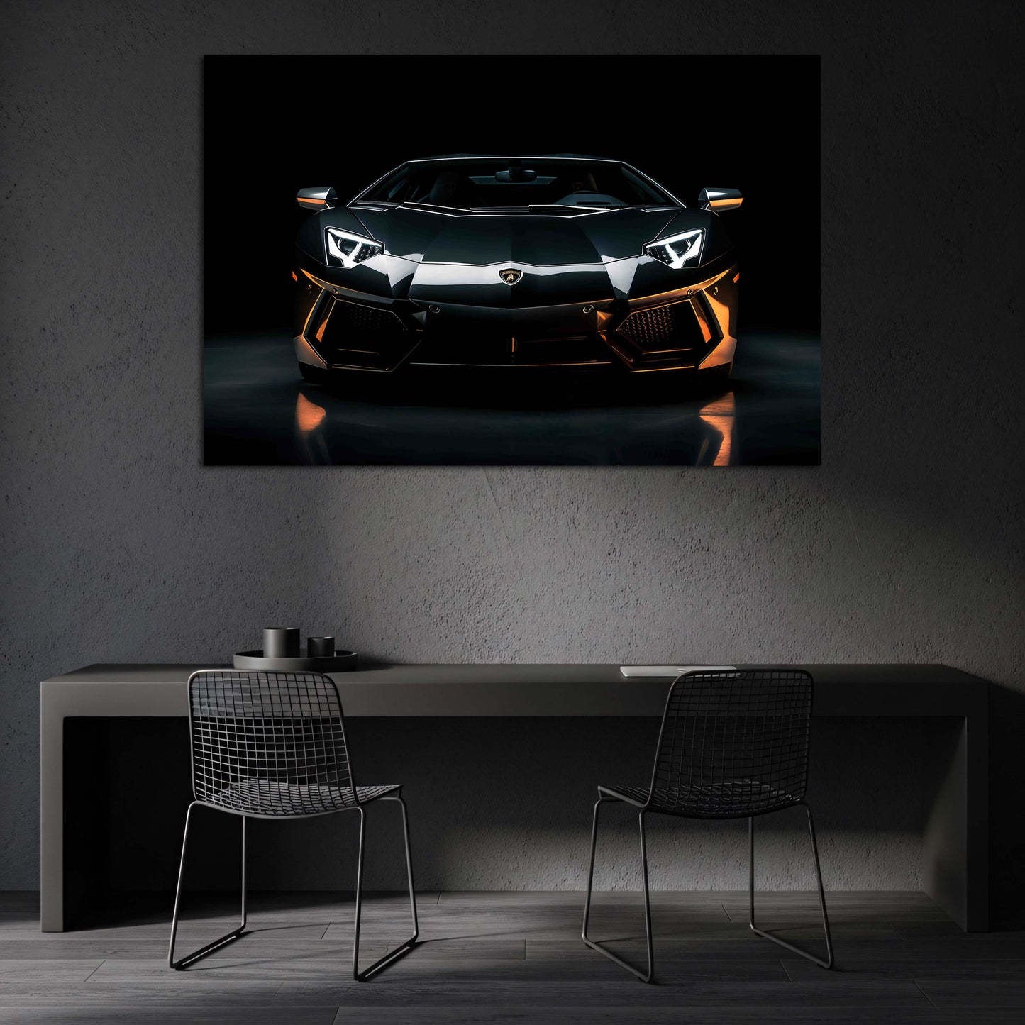 Lamborghini Aventador auto di lusso nero con dettagli arancioni quadro