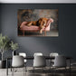 Leone addormentato su divano velluto rosa interno elegante quadro