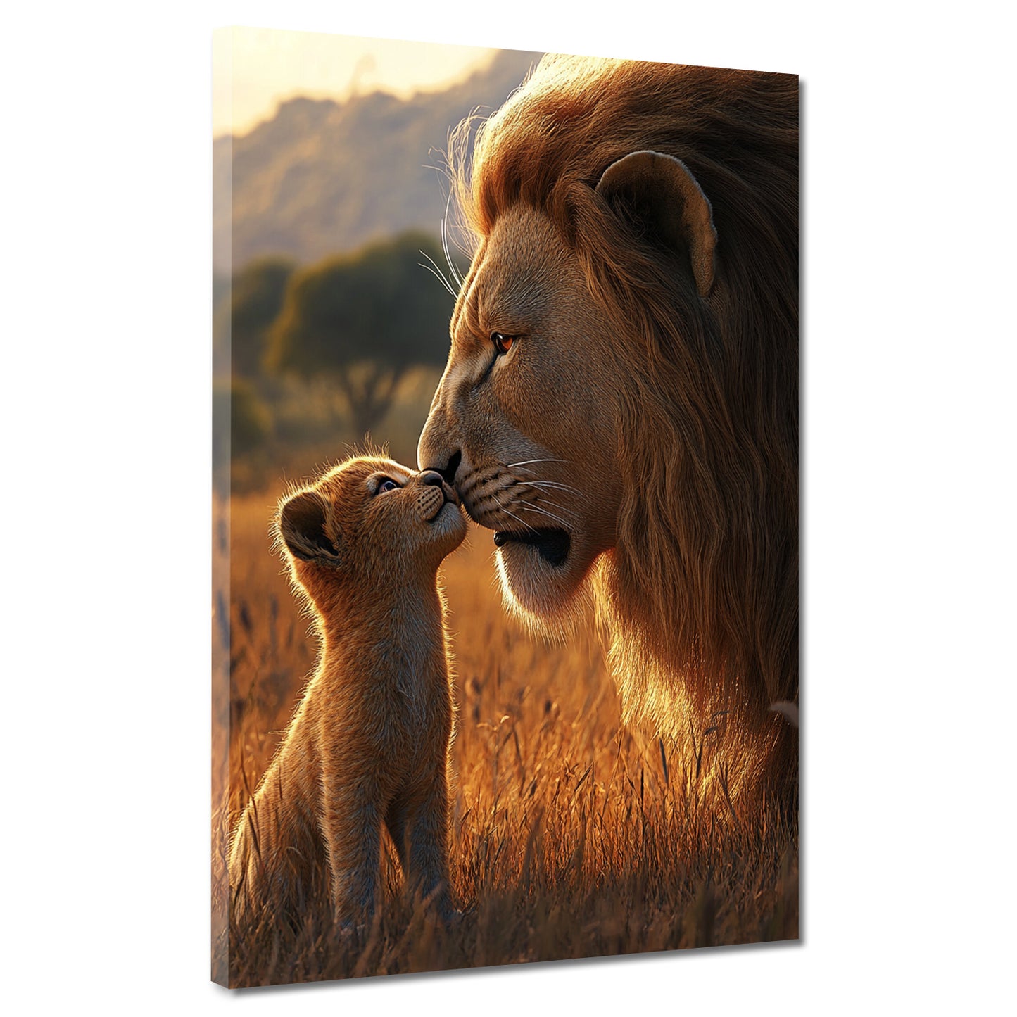 Leone con cucciolo affetto paterno savana africana quadro