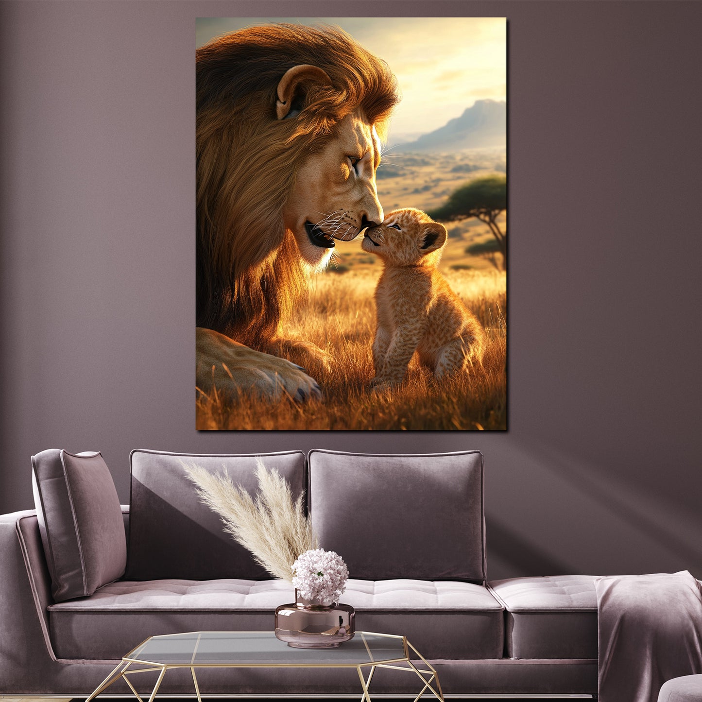 Leone con cucciolo paesaggio africano quadro