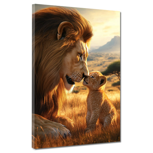 Leone con cucciolo paesaggio africano quadro