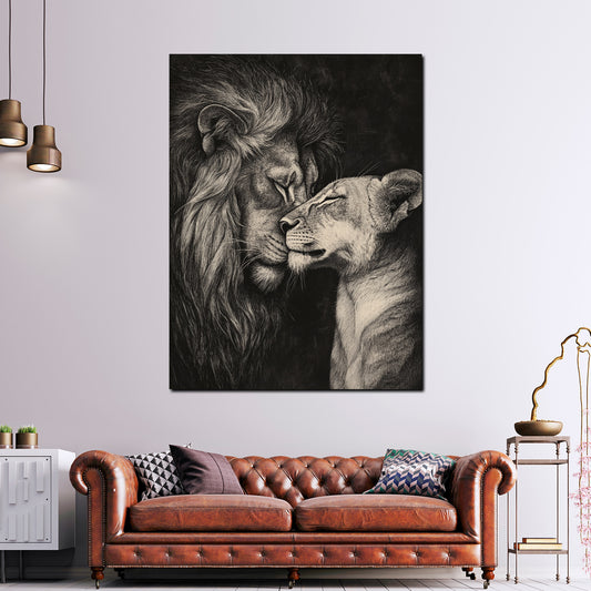 Leone e leonessa arte in bianco e nero coppia quadro