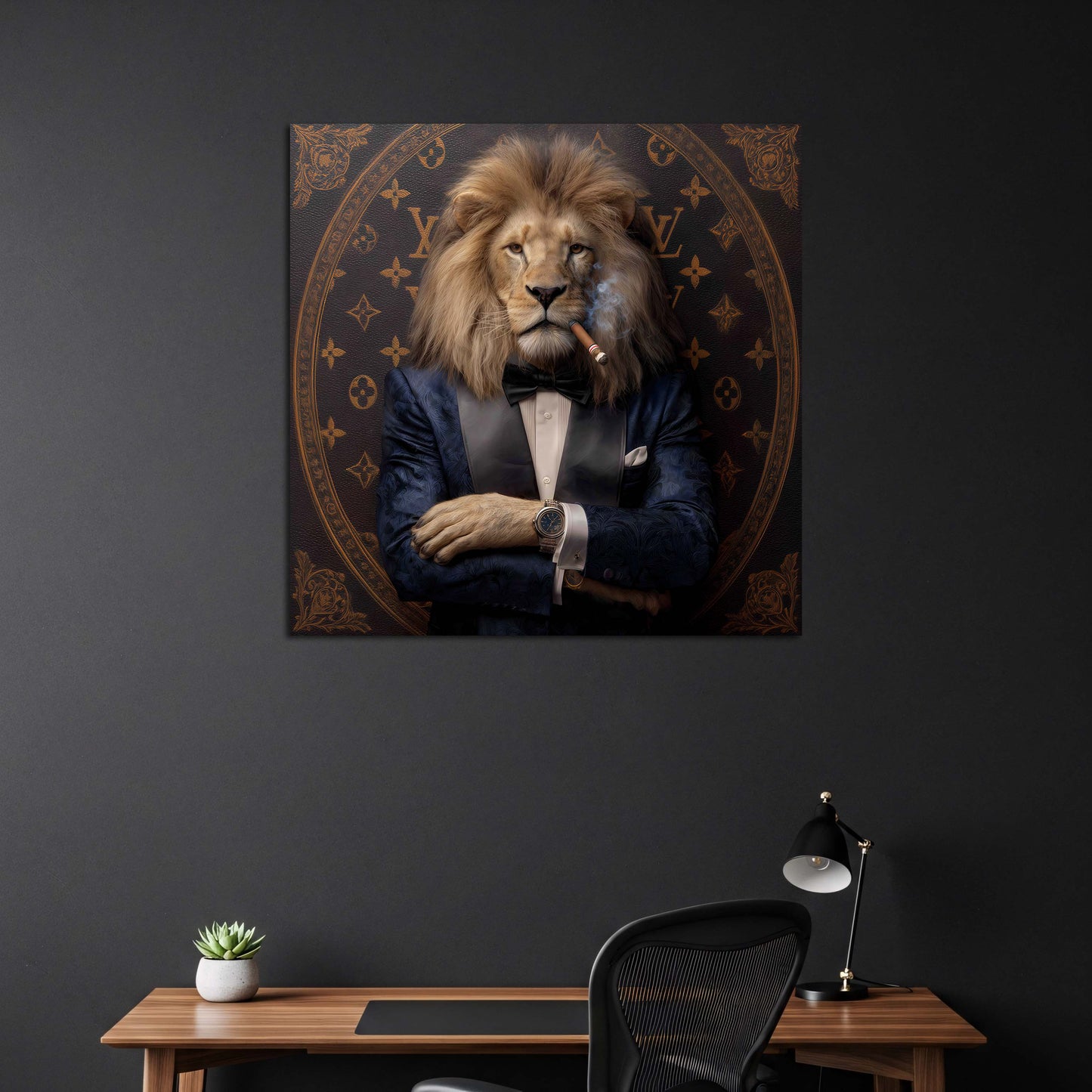 Leone in smoking con sigaro ritratto lusso elegante quadro