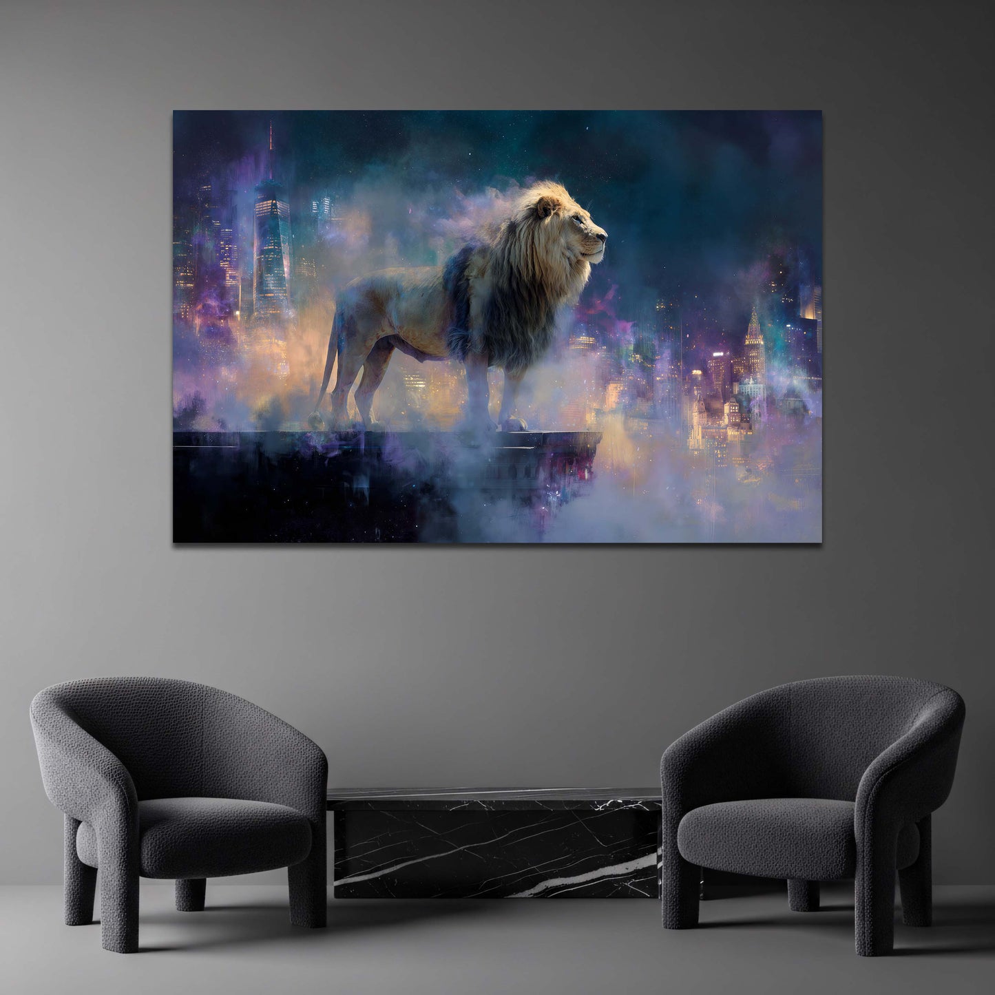 Leone mistico sul tetto con skyline di New York notturno quadro