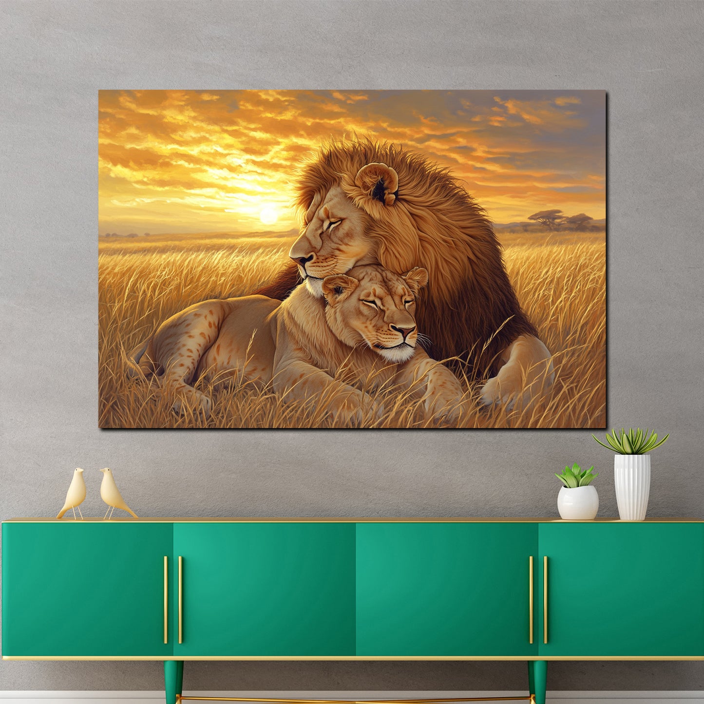 Leoni tramonto amore coppia savana quadro