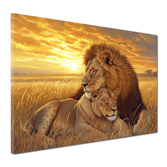 Leoni tramonto amore coppia savana quadro