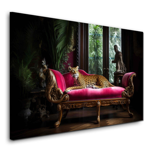 Leopardo su divano salotto elegante animale esotico quadro