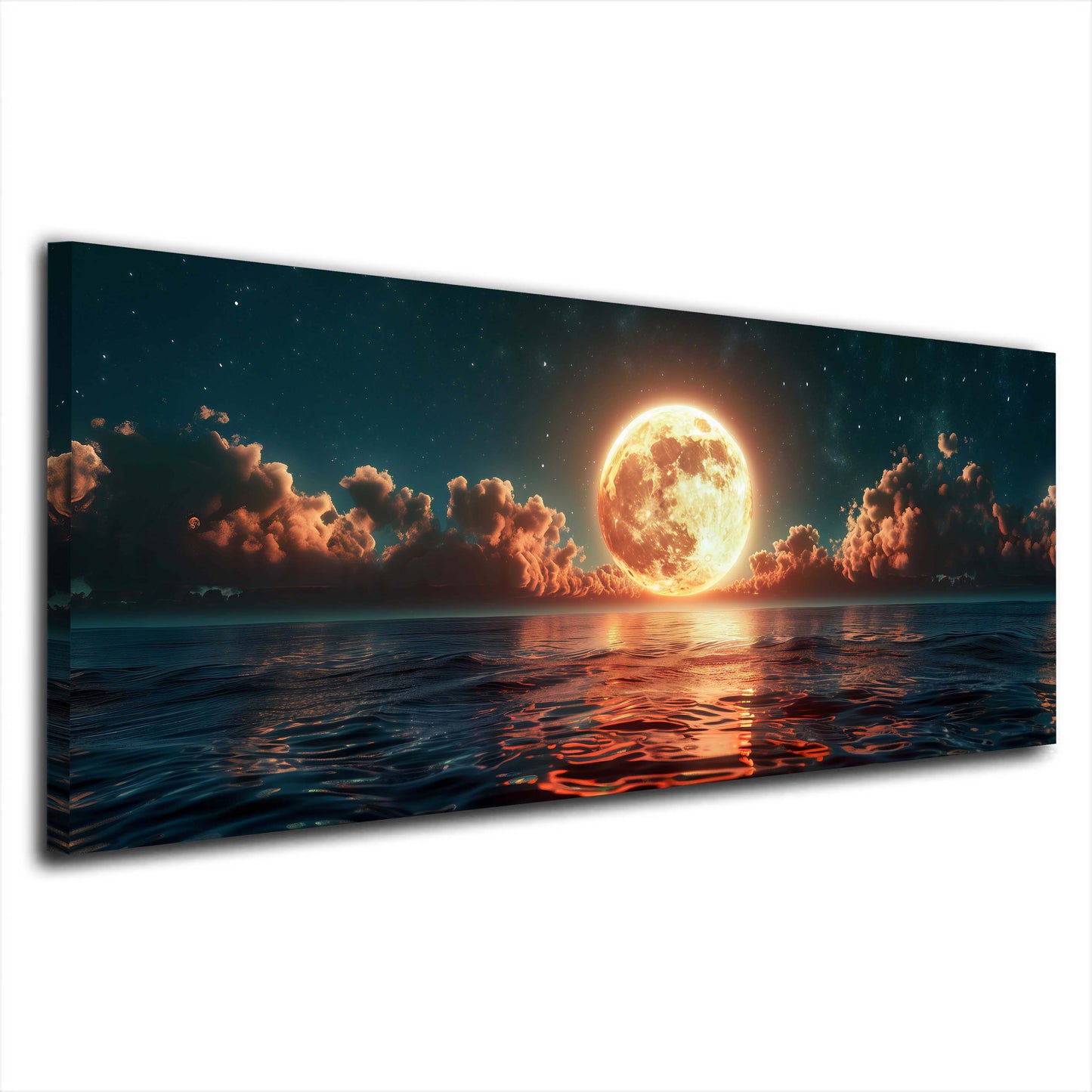 Luna piena dorata e luminosa sul mare di notte panorama quadro