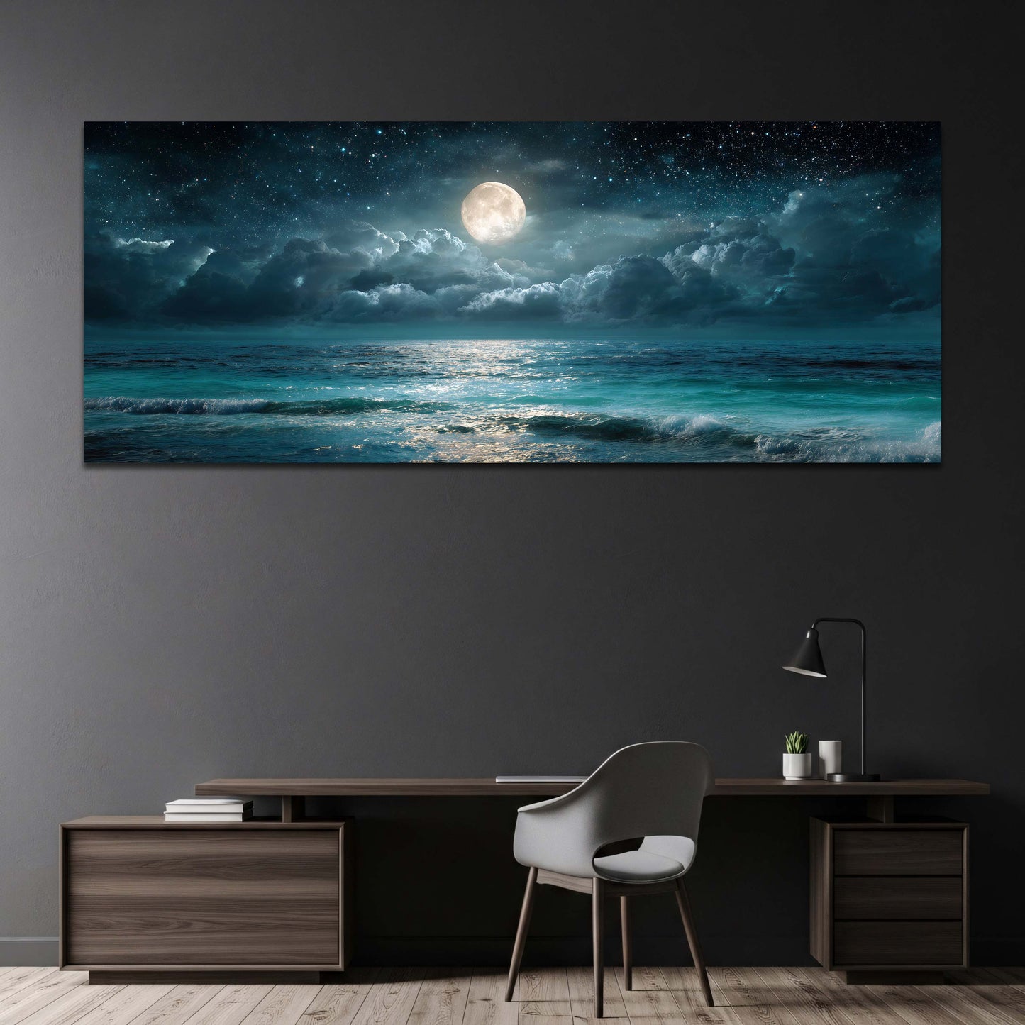 Luna piena e cielo stellato sul mare turchese panorama quadro