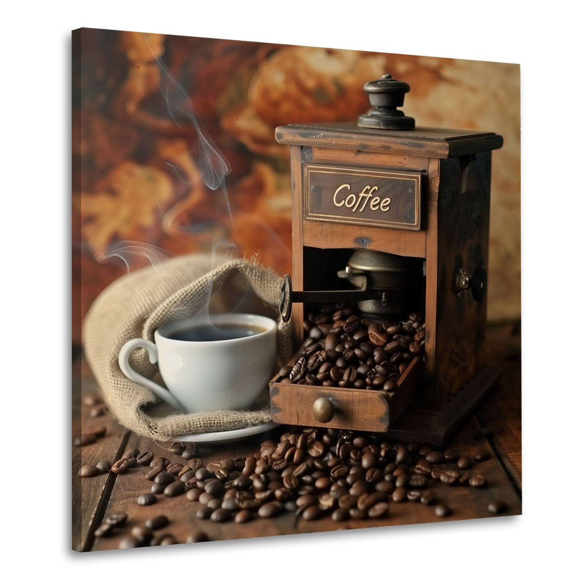 Macinacaffè con tazza di caffè e sacco di juta quadro