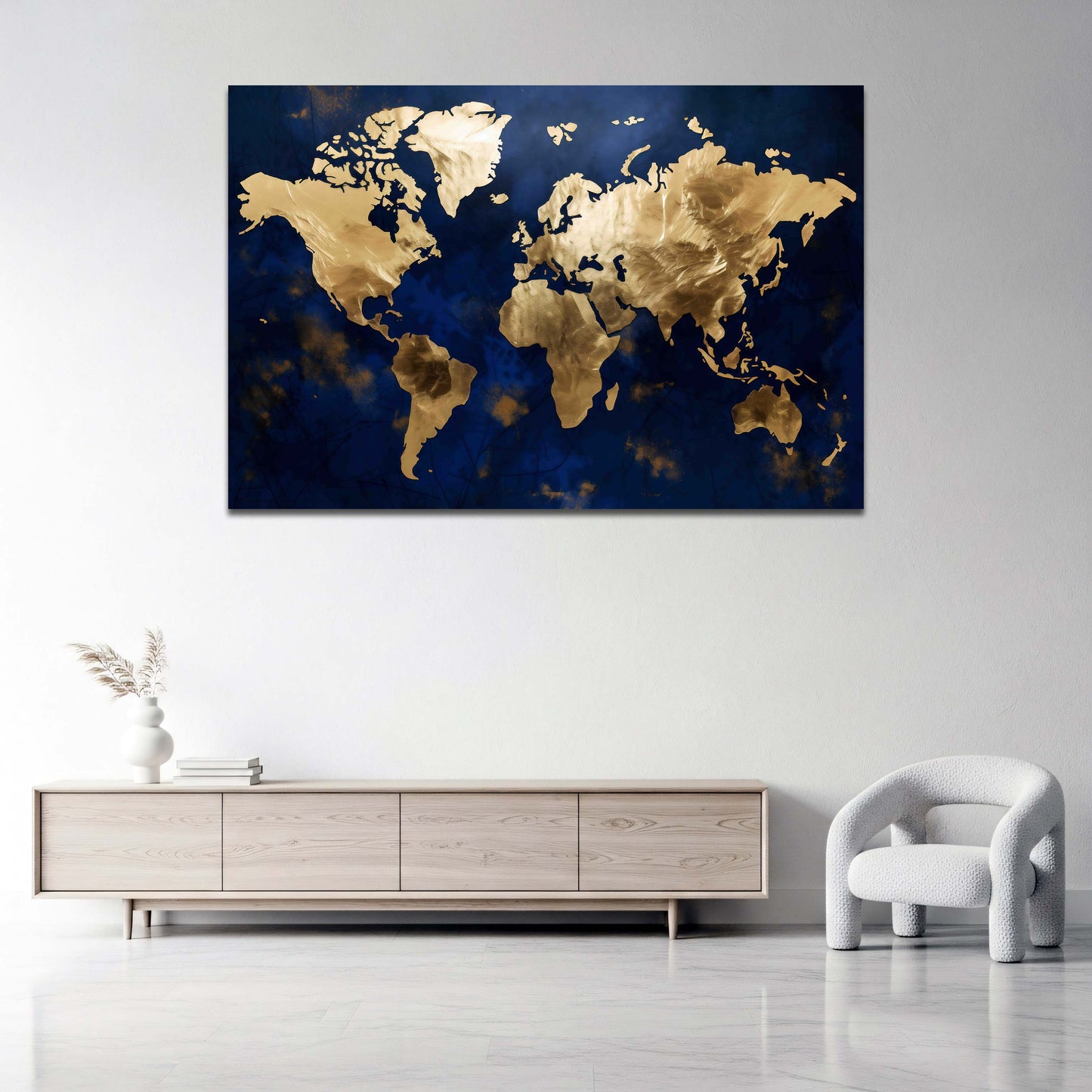 Mappa del mondo astratta blu con terre dorate moderno quadro