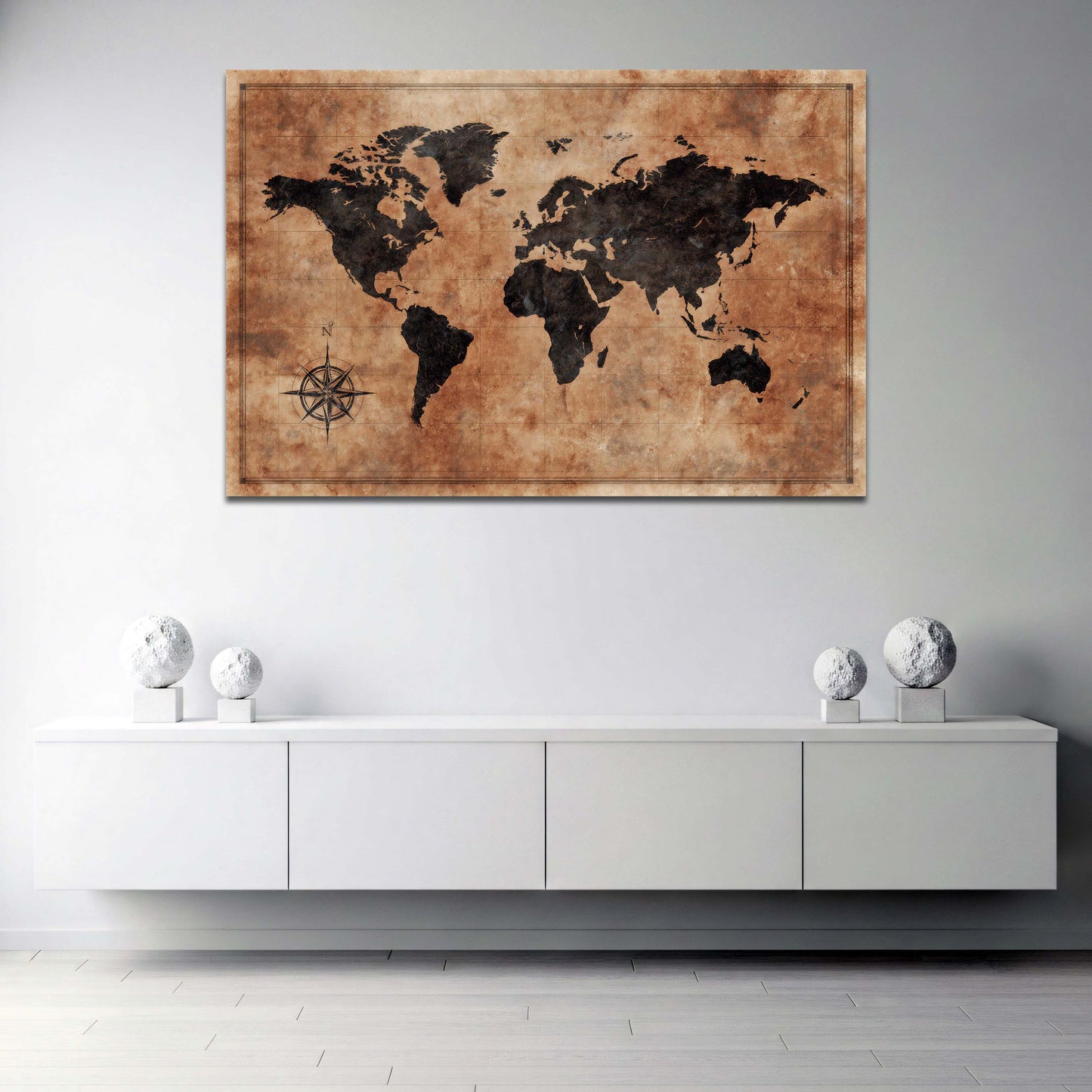 Mappa del mondo marrone in stile vintage antico con bussola quadro