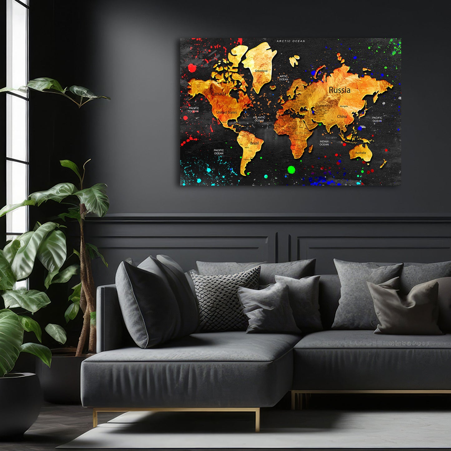 Mappa del mondo oro sfondo nero arte astratta quadro