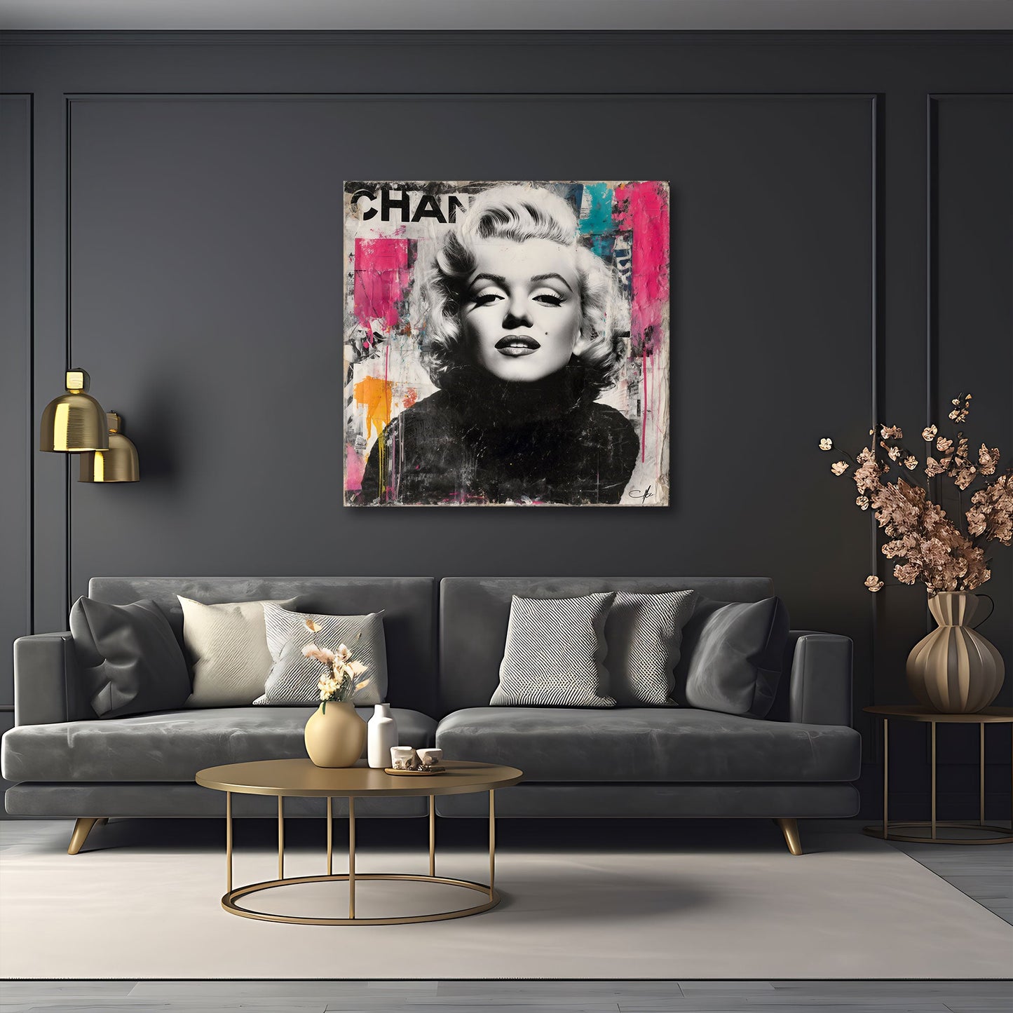 Marilyn bionda in bianco nero con sfondo astratto quadro