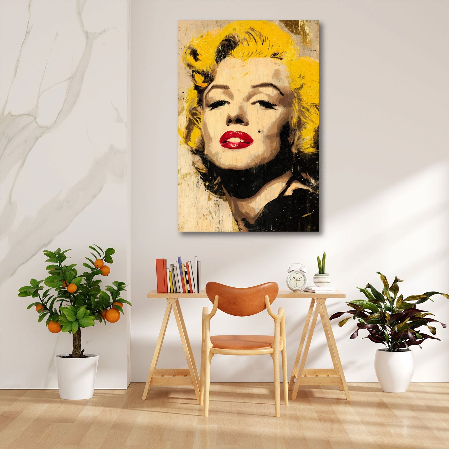Marilyn con capelli dorati e labbra rosse in arte moderna quadro