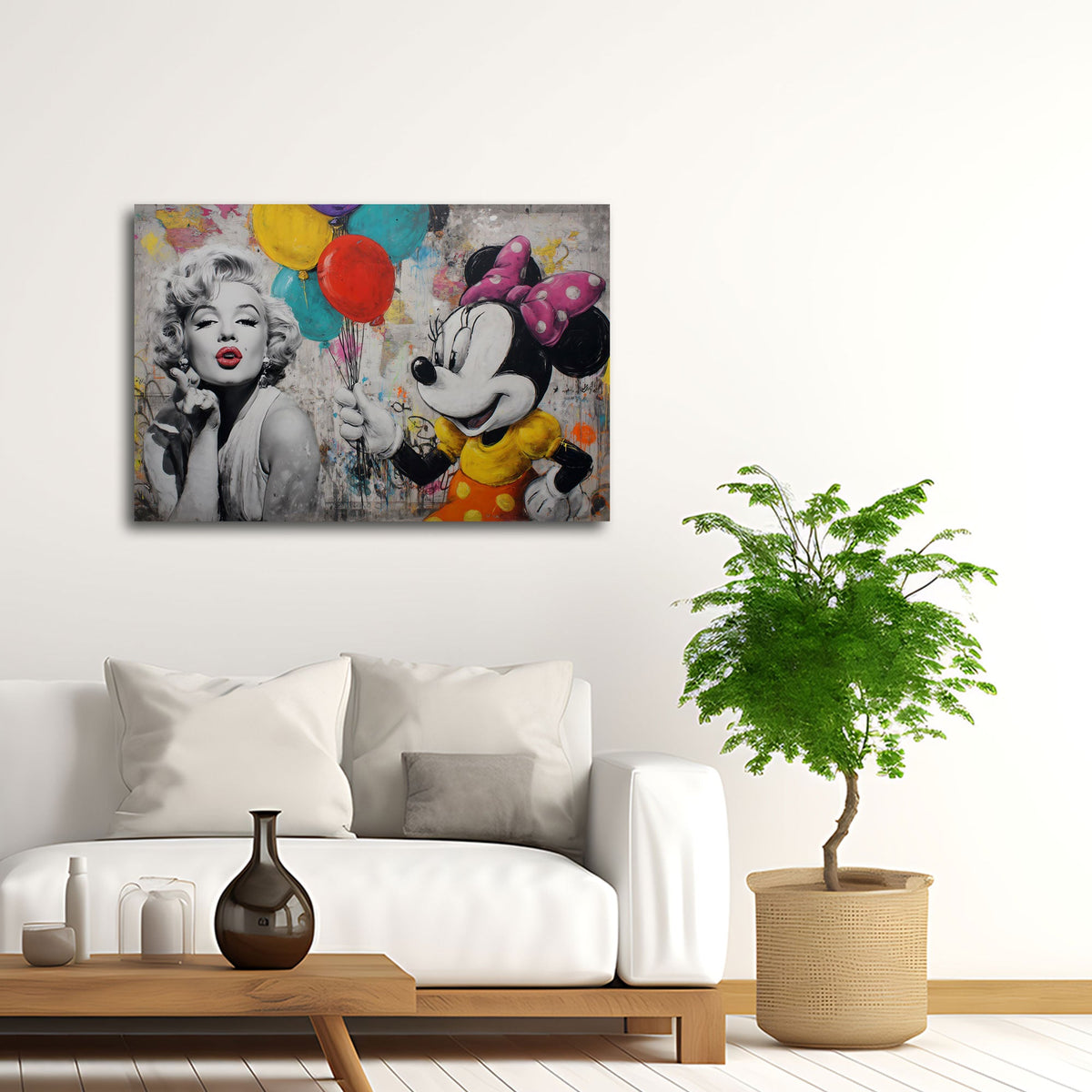 Marilyn in bianco e nero con topolina e palloncini graffiti quadro