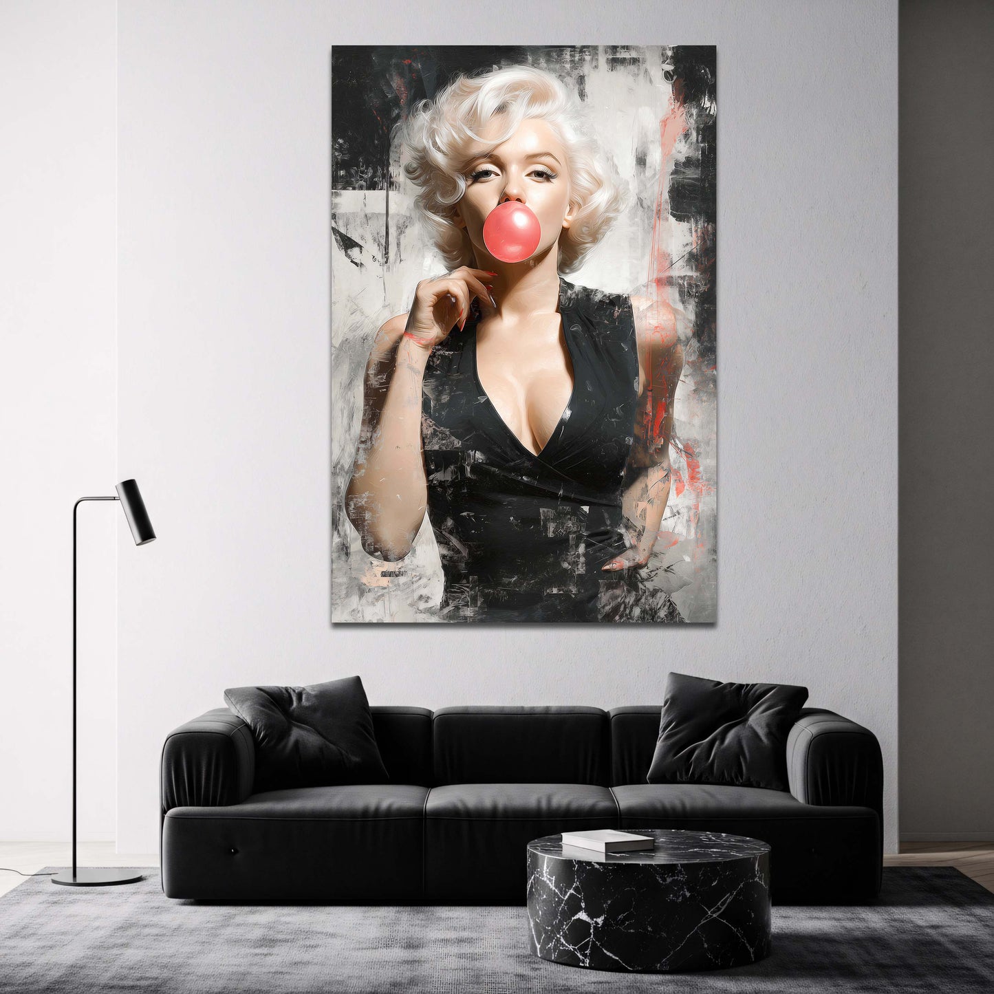 Marilyn Monroe con bolla di gomma rosa e accenti rossi quadro