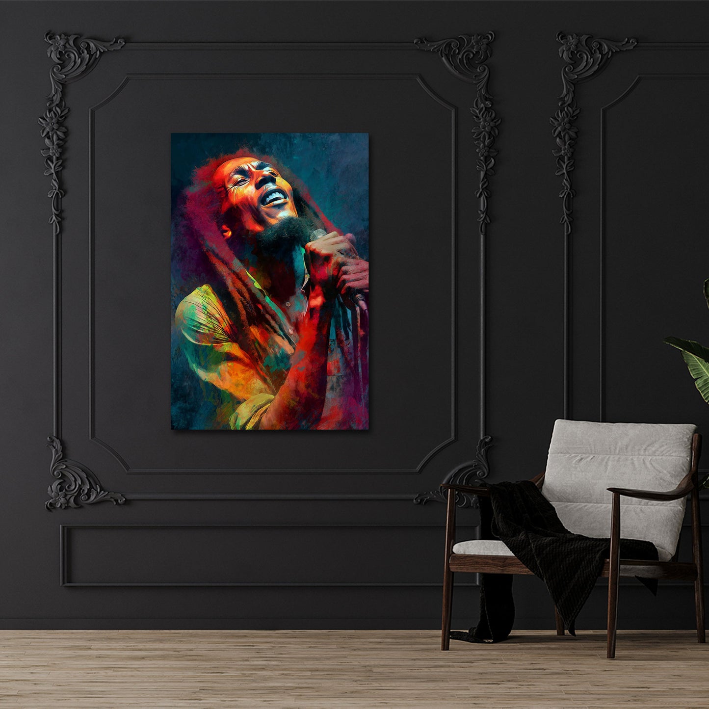 Marley cantante reggae microfono dreadlocks ritratto performance quadro