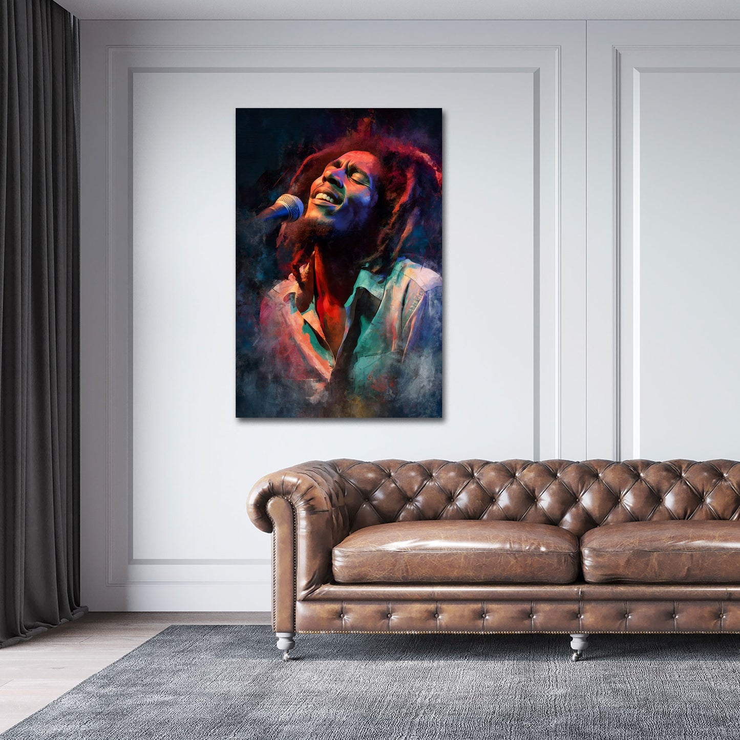 Marley cantante reggae microfono ritratto dreadlocks luce palco quadro