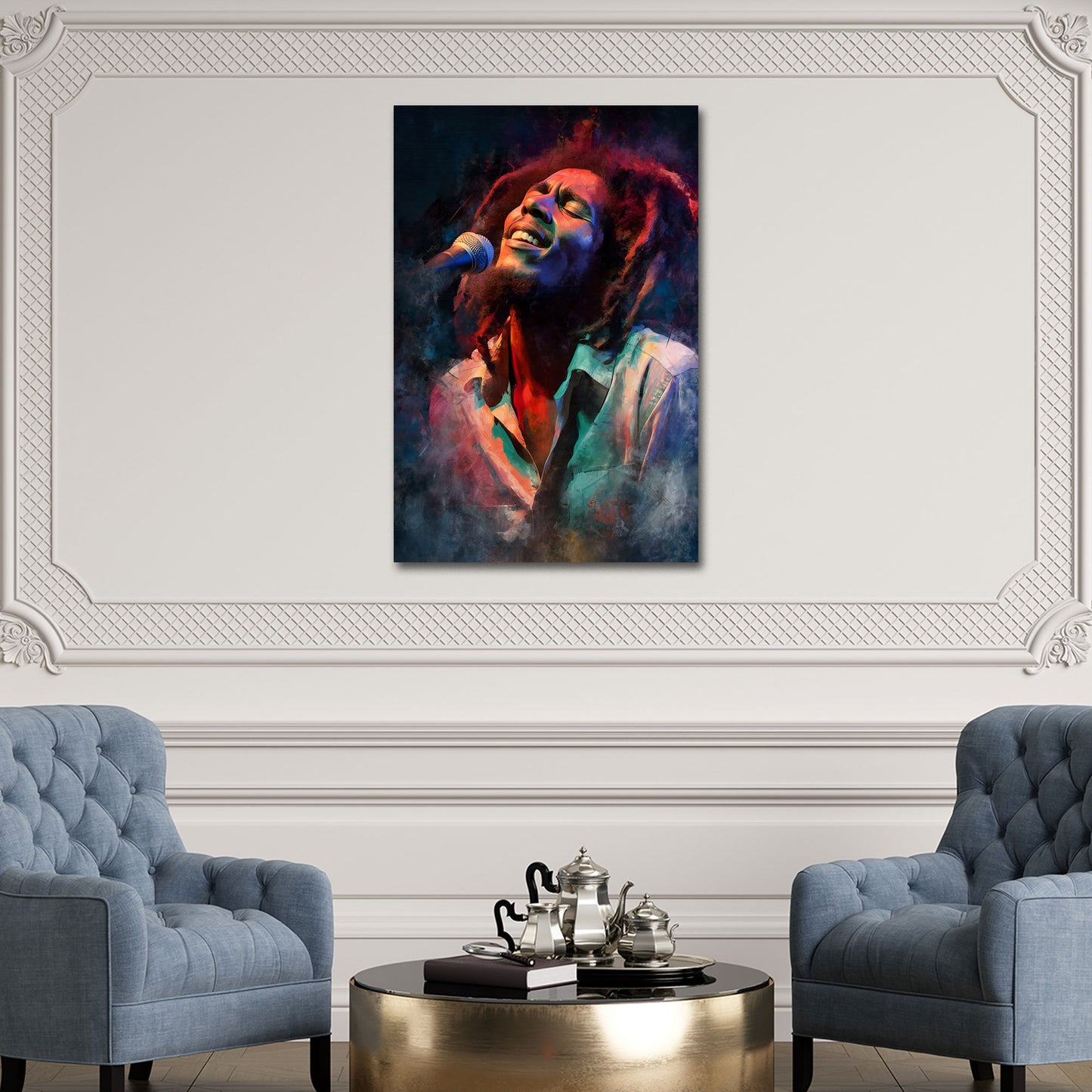 Marley cantante reggae microfono ritratto dreadlocks luce palco quadro