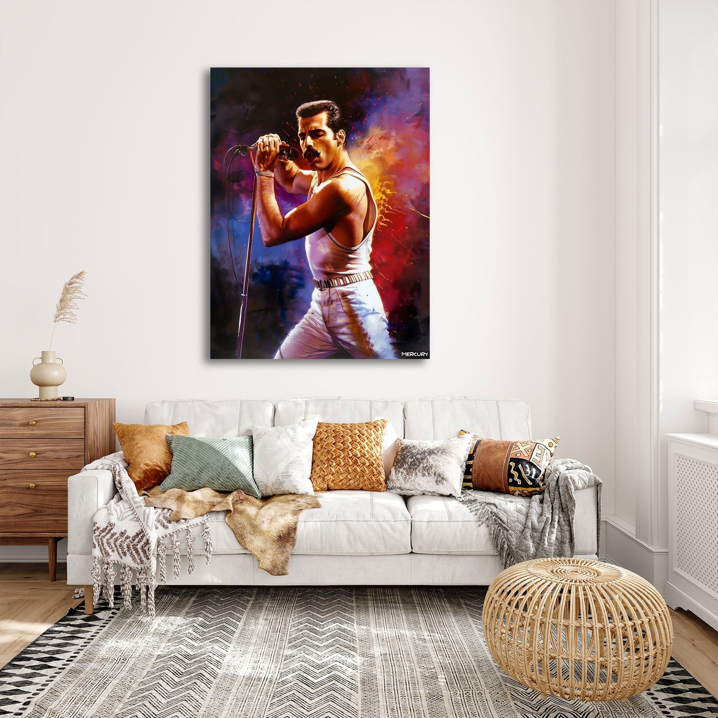 Mercury cantante rock con microfono e luci intense quadro