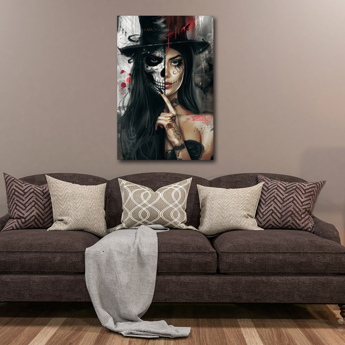 Metà teschio metà donna con cilindro in stile gothic quadro