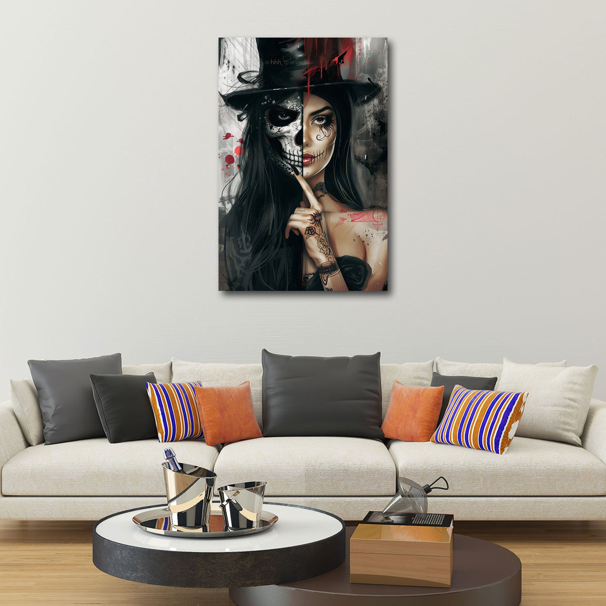 Metà teschio metà donna con cilindro in stile gothic quadro