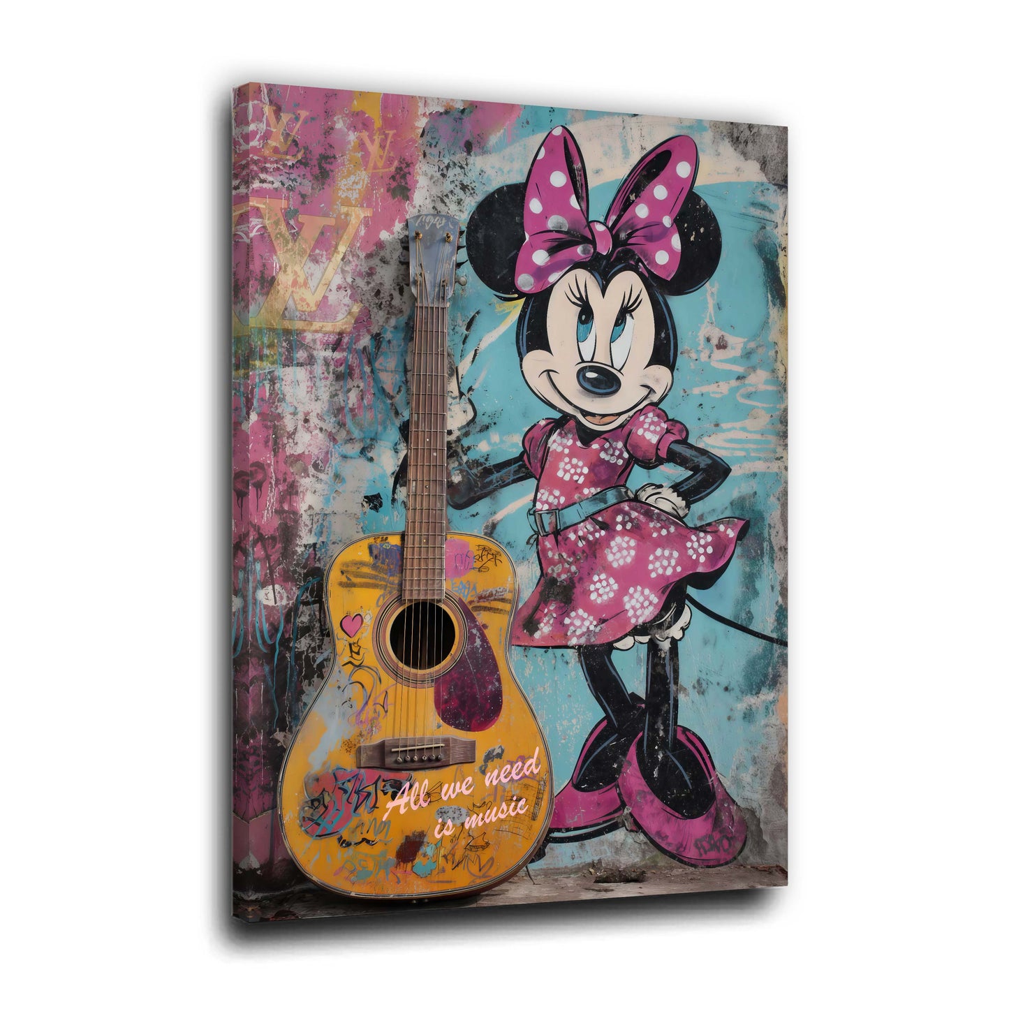 Minnie Mouse con chitarra su muro graffiti pop art quadro