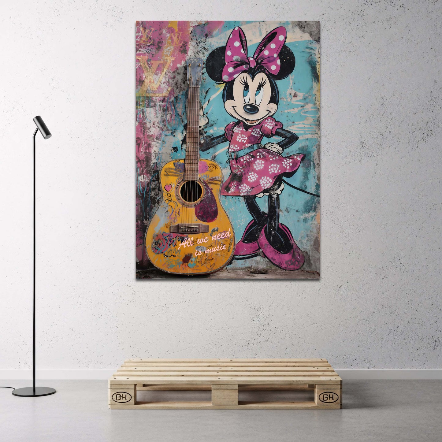 Minnie Mouse con chitarra su muro graffiti pop art quadro