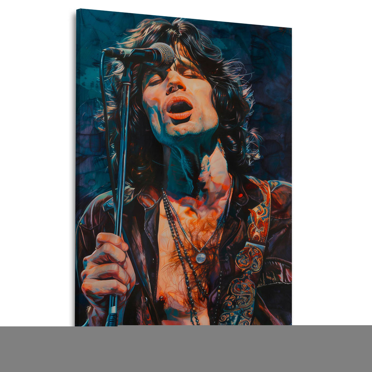 Morrison canta all'asta del microfono in colori scuri quadro