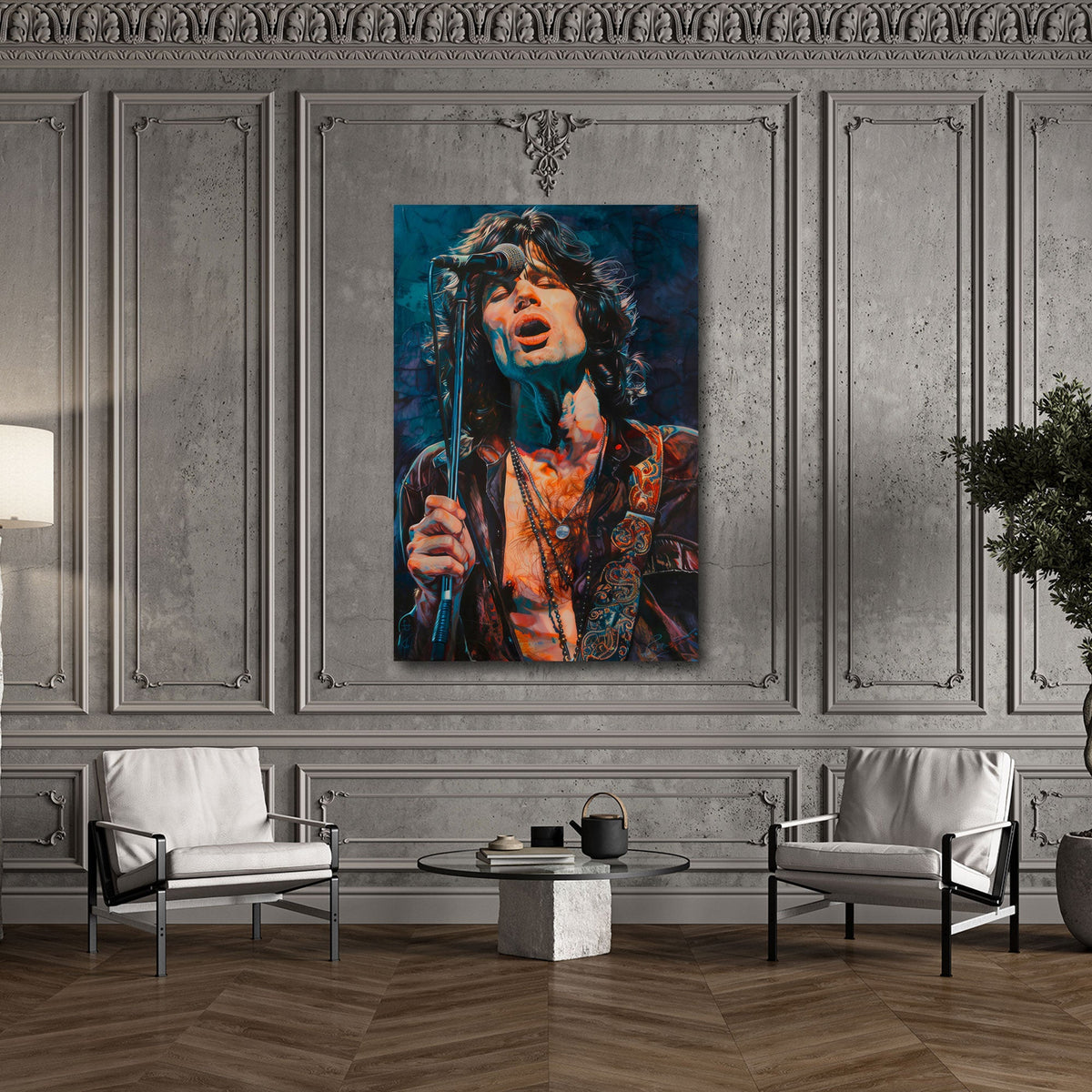 Morrison canta all'asta del microfono in colori scuri quadro