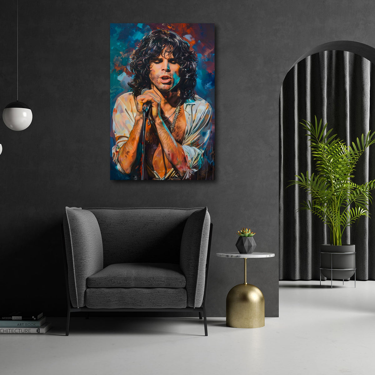 Morrison con microfono in ritratto espressivo e colorato quadro