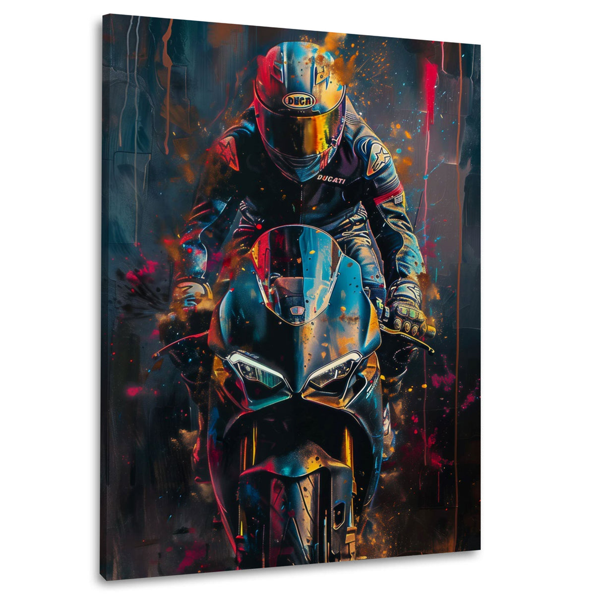 Moto da corsa Honda con pilota tra tracce di rosso quadro