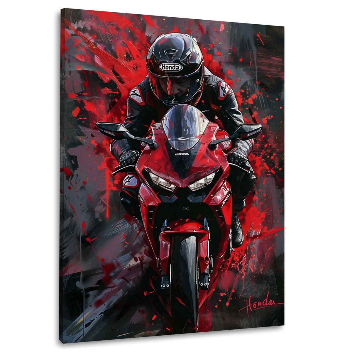 Moto Honda rossa con pilota vista frontale Street Art quadro