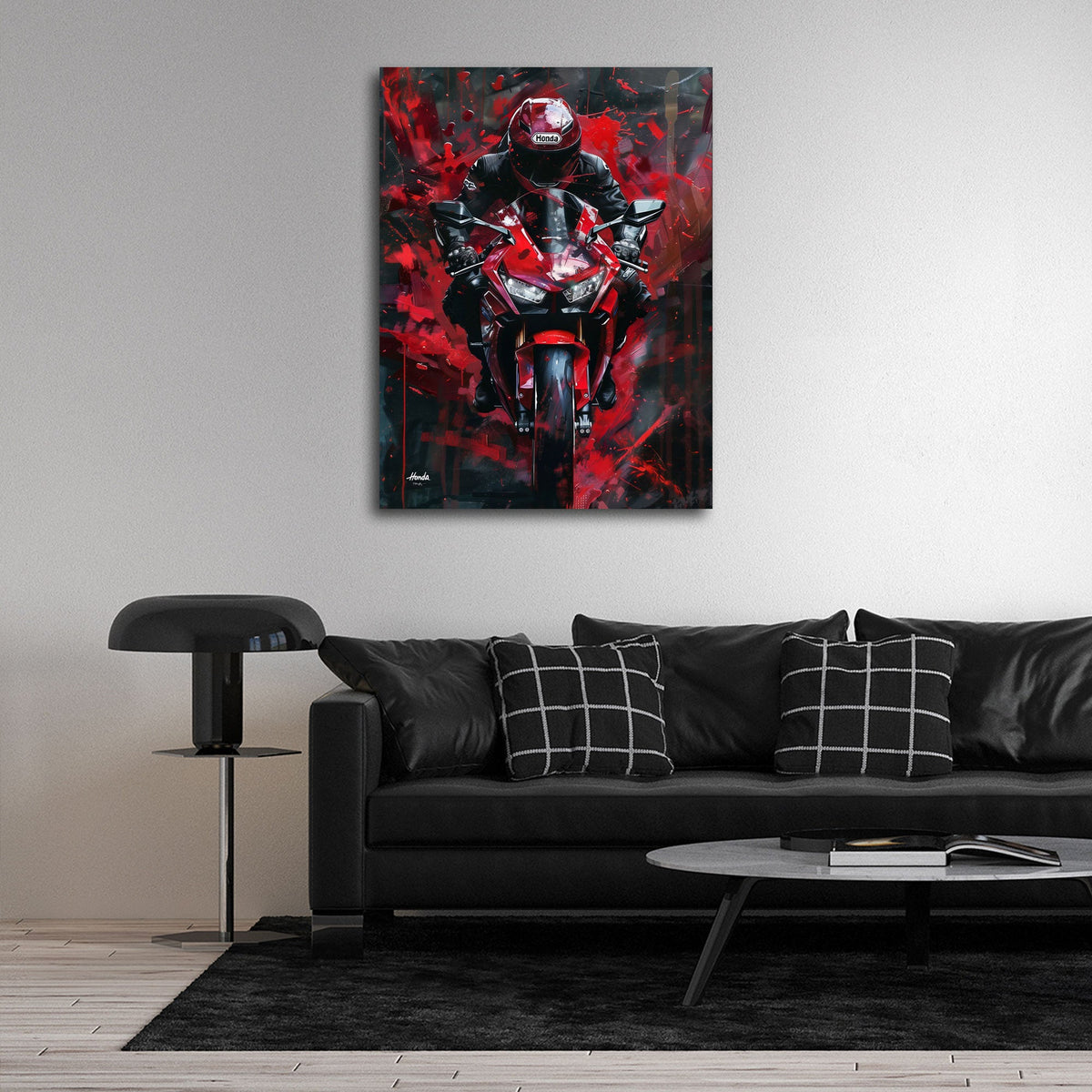 Moto Honda rossa con pilota vista frontale Street Art quadro