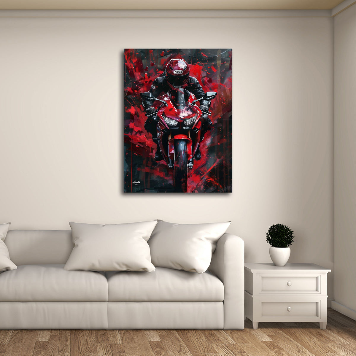 Moto Honda rossa con pilota vista frontale Street Art quadro