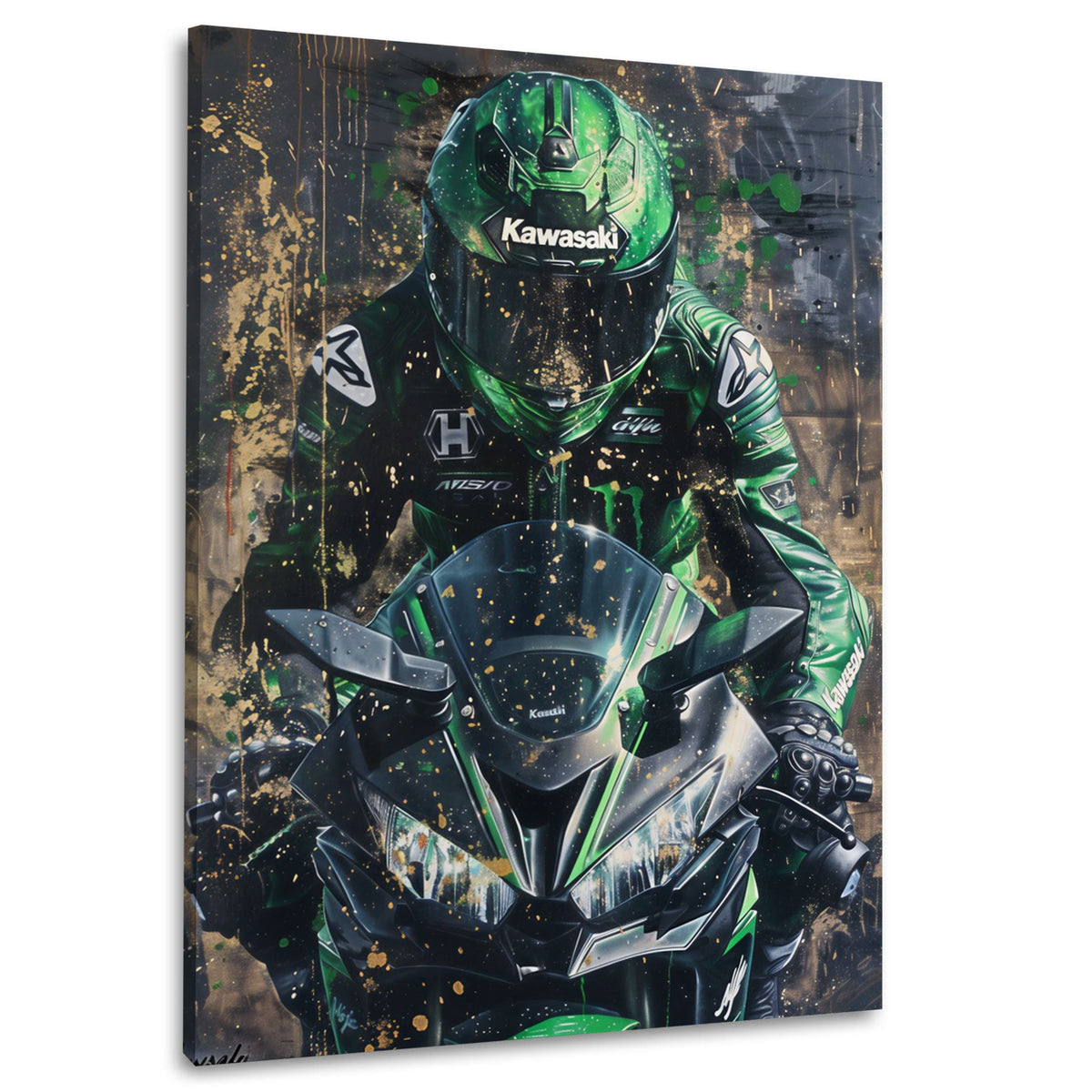 Moto Kawasaki con pilota in verde vista frontale quadro