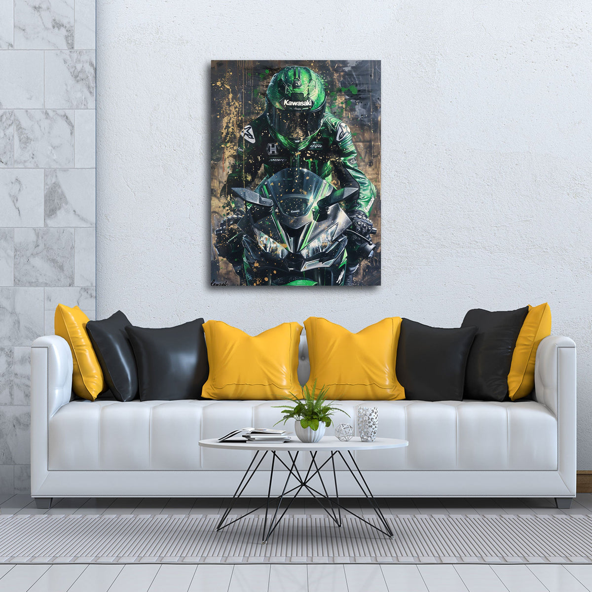 Moto Kawasaki con pilota in verde vista frontale quadro