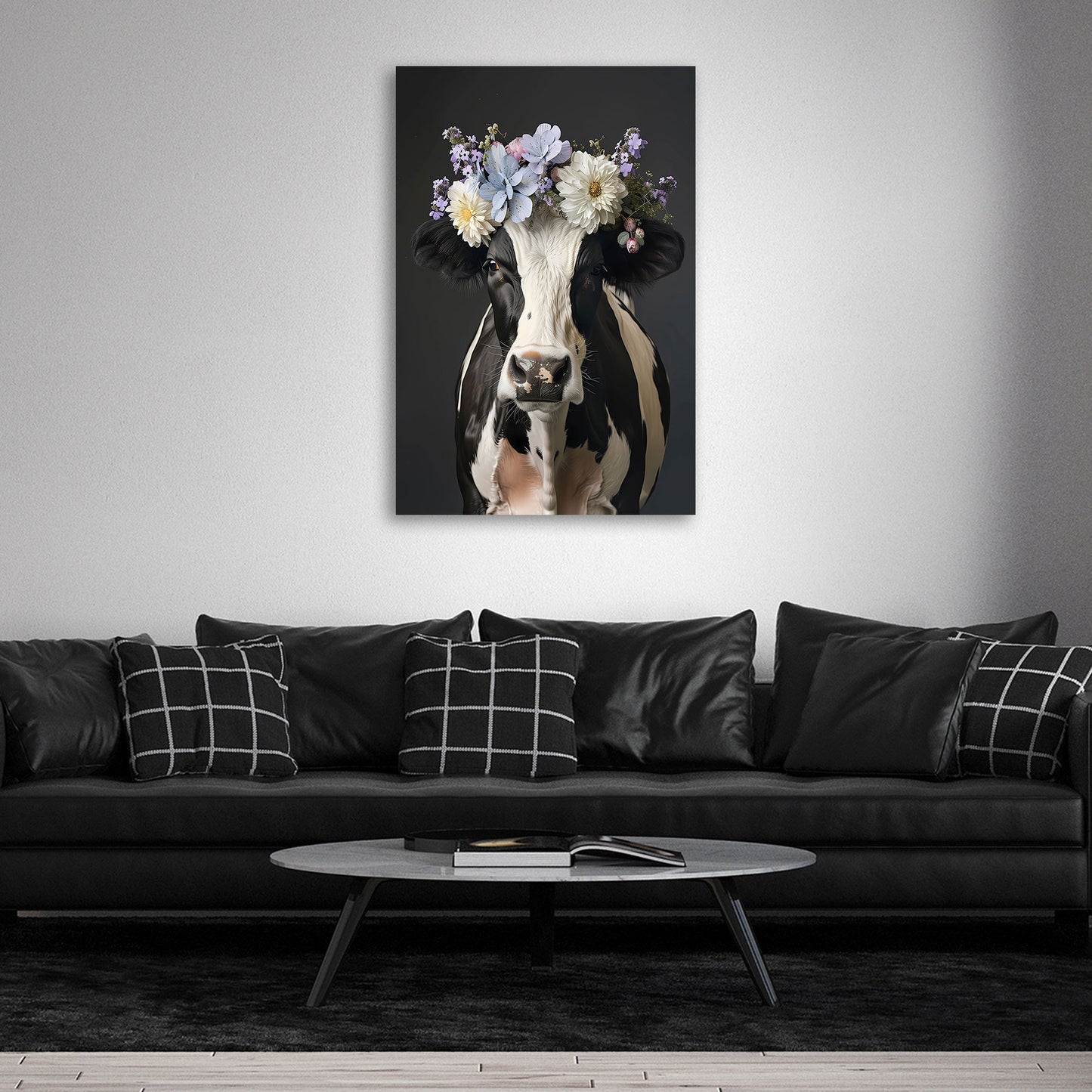 Mucca elegante bianco nera con fiori quadro