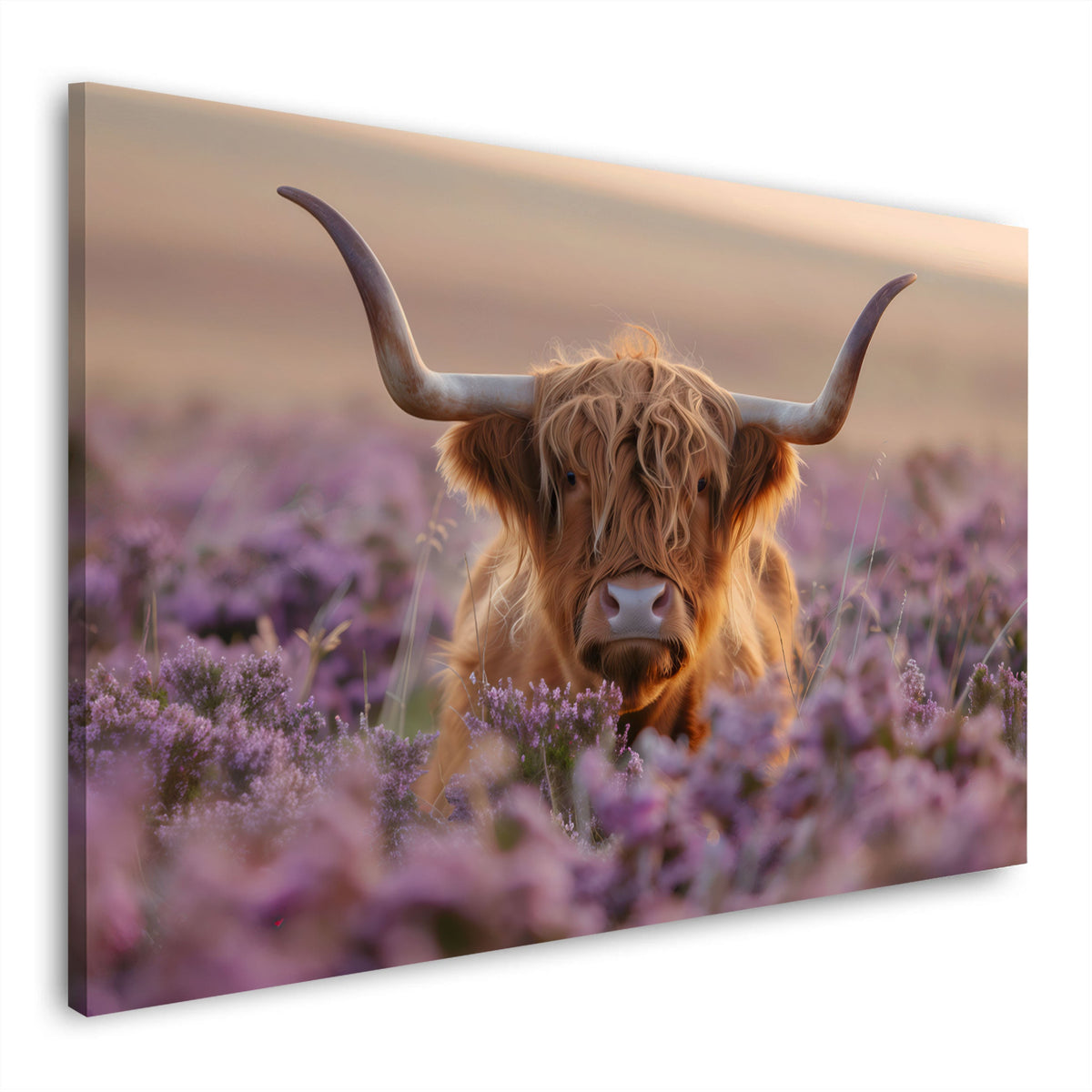 Mucca highland con grandi corna in un campo di erica viola quadro