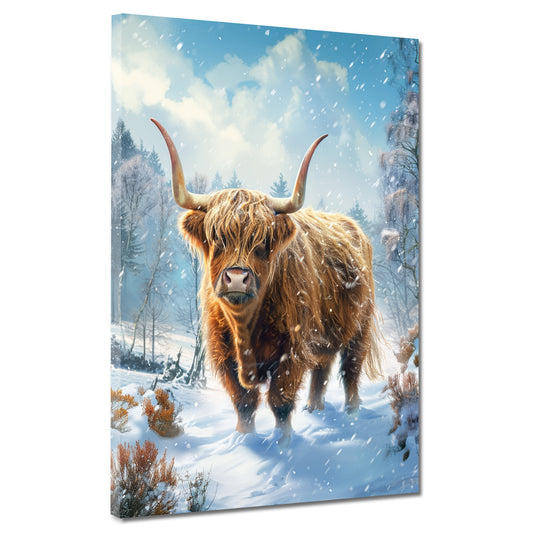 Mucca highland paesaggio innevato foresta quadro