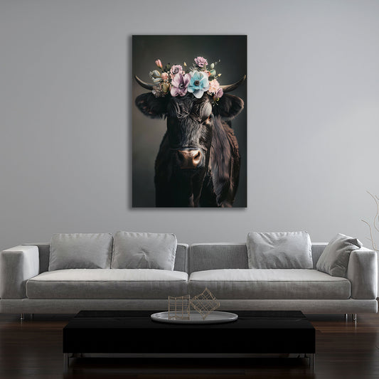 Mucca nera con corona di fiori quadro