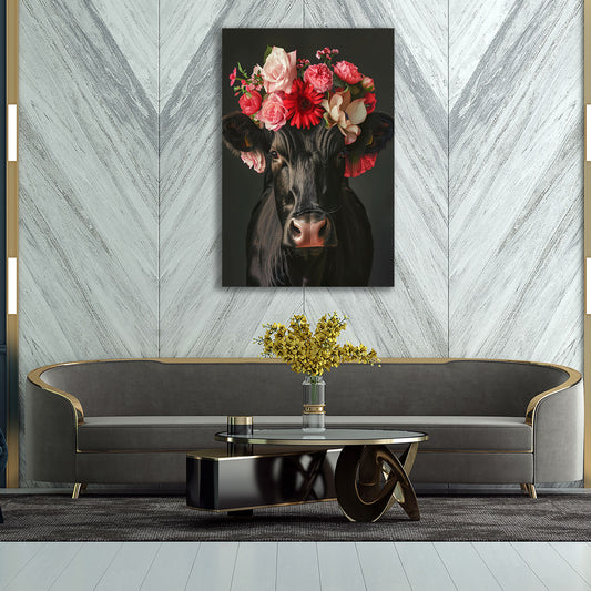 Mucca nera con corona di fiori rossi quadro