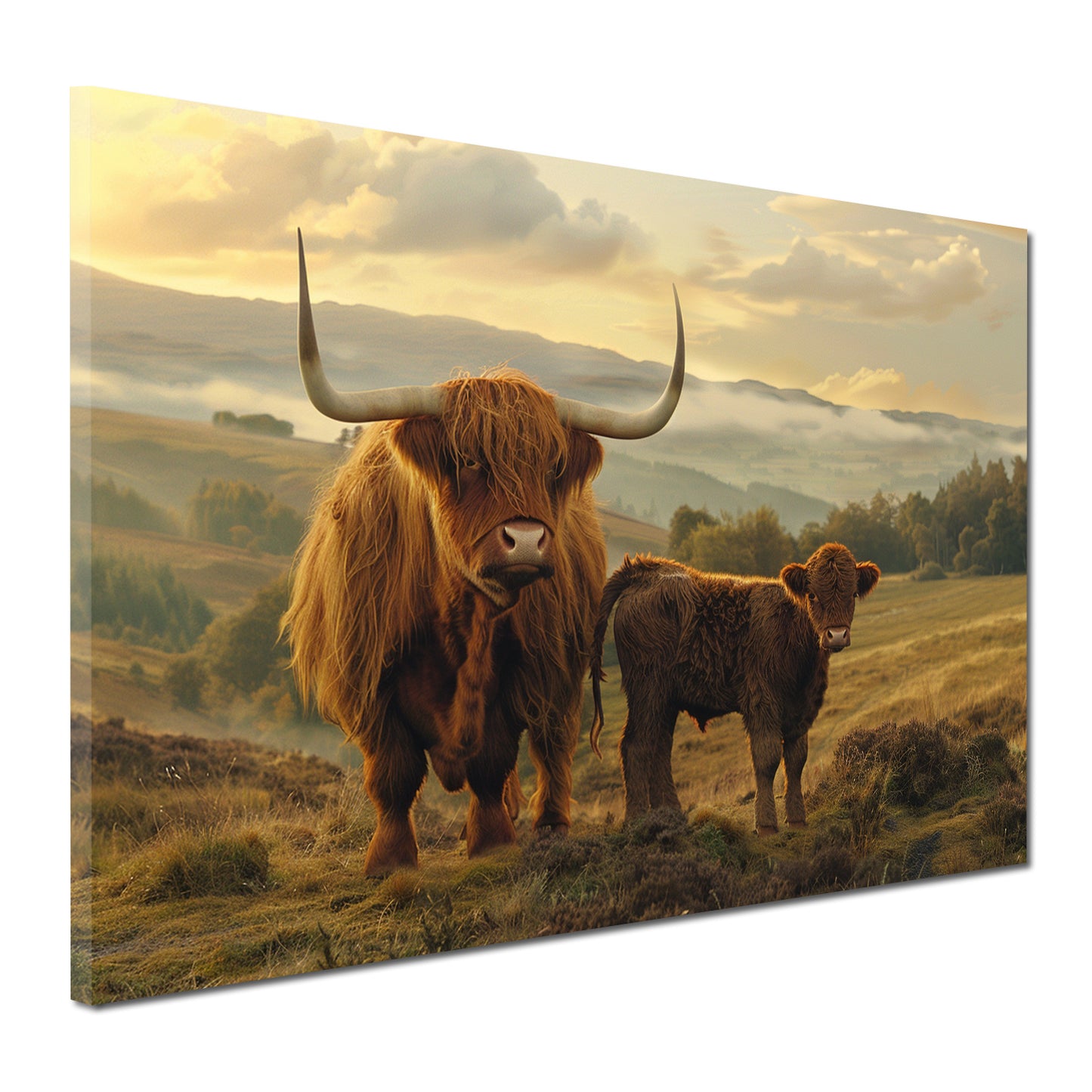 Mucche highland paesaggio montano mattutino quadro
