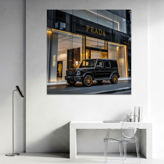 Negozio moda con un'auto di lusso Classe G di notte quadro