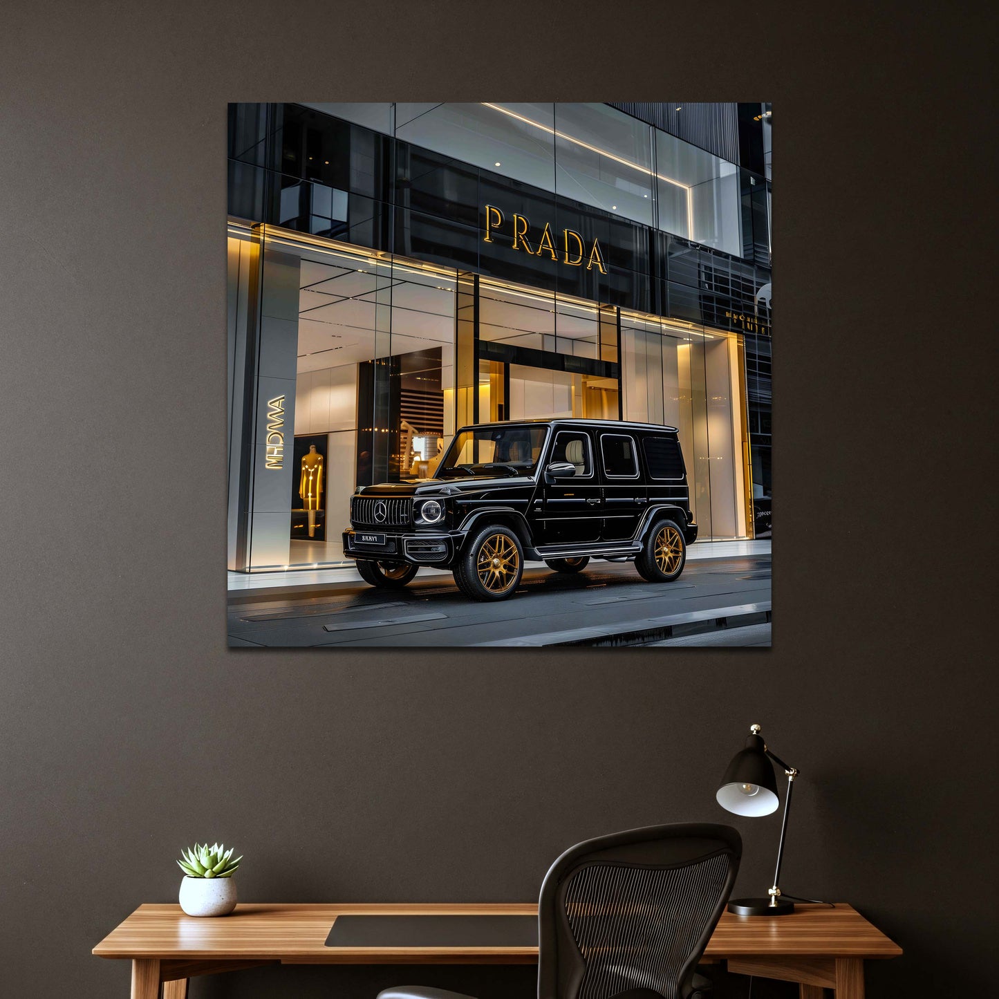 Negozio moda con un'auto di lusso Classe G di notte quadro