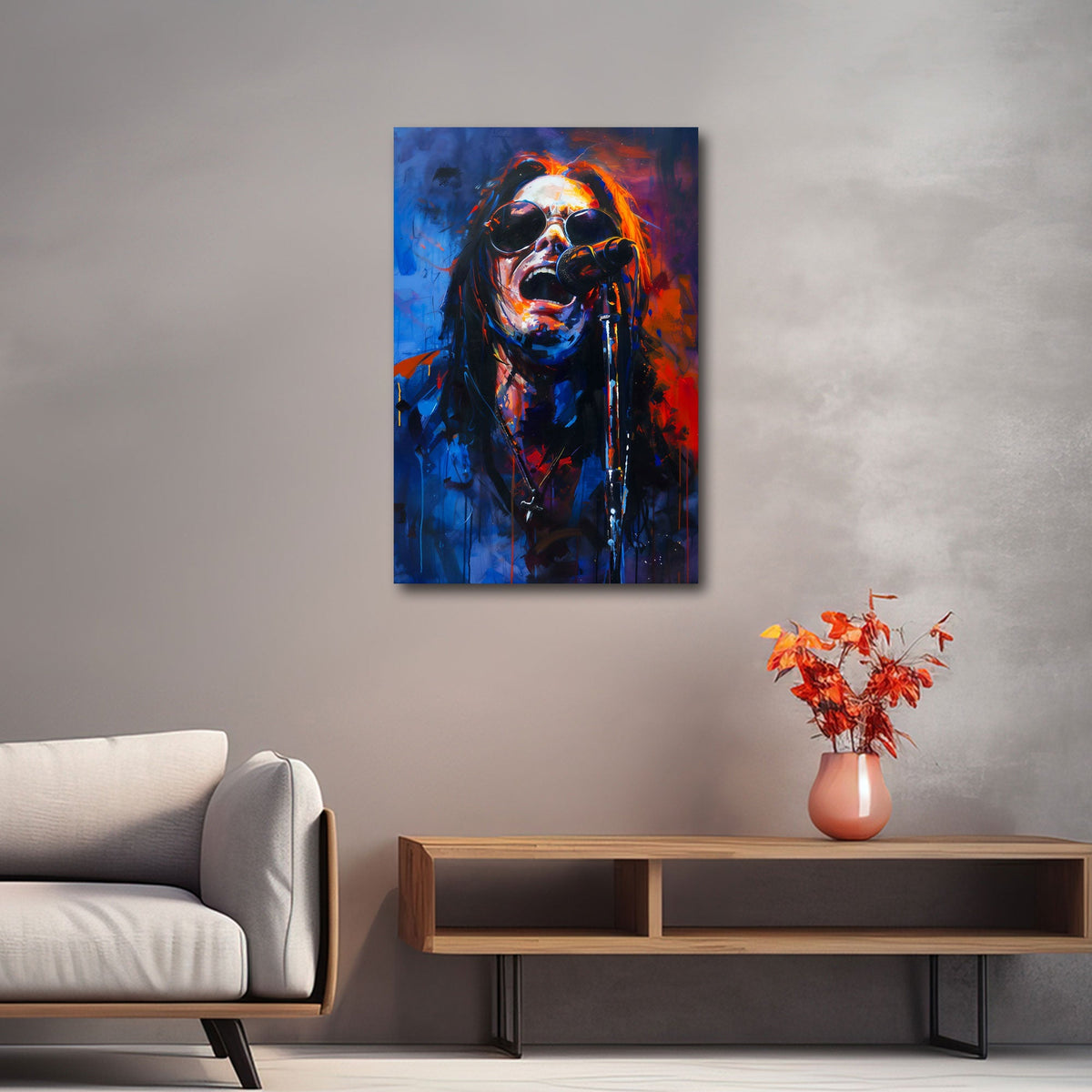 Ozzy con occhiali da sole canta al microfono espressivo quadro