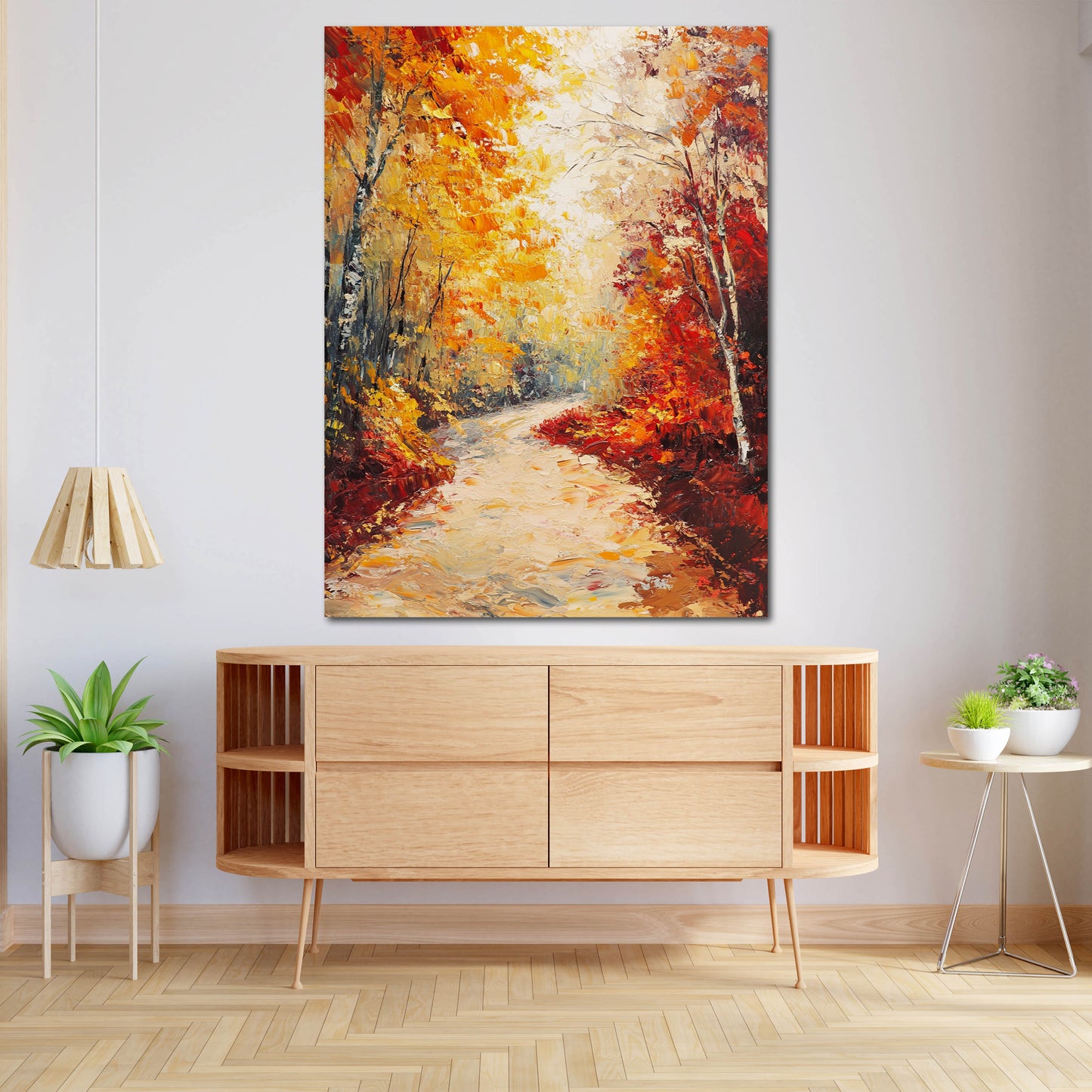 Paesaggio autunnale sentiero foglie dorate luce calda quadro