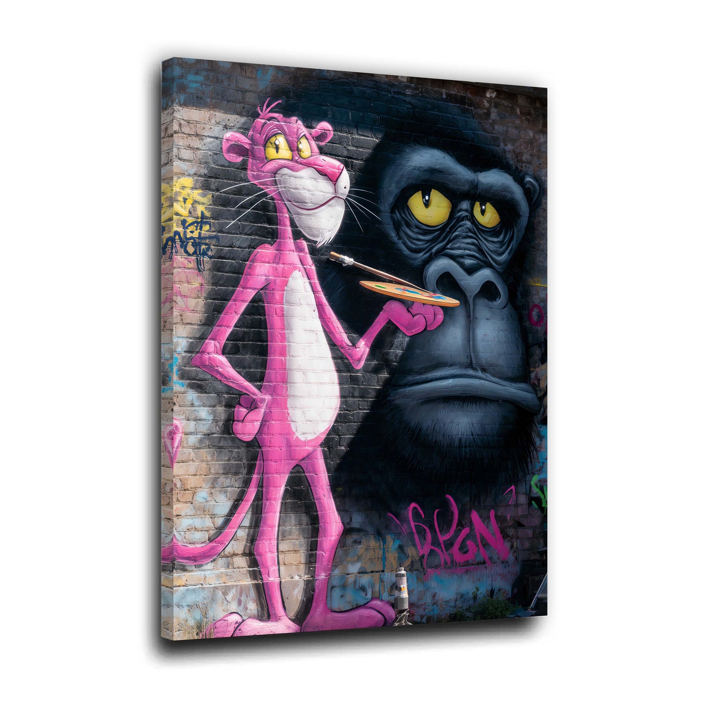 Pantera Rosa artista con gorilla su muro graffiti urbano quadro