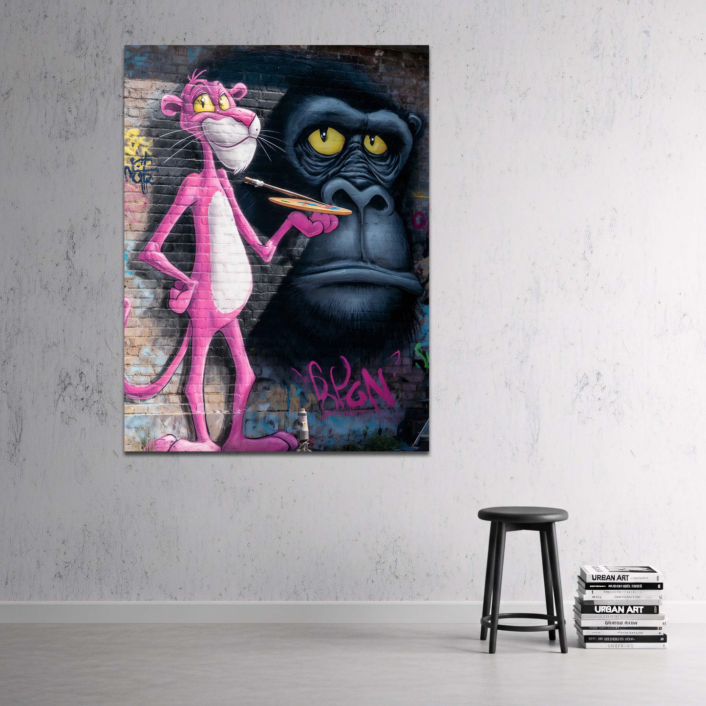 Pantera Rosa artista con gorilla su muro graffiti urbano quadro